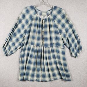 Anthropologie‎ Maeve Plaid Tunic Dress Blue Tan Gauze Button Front Boho Mini M
